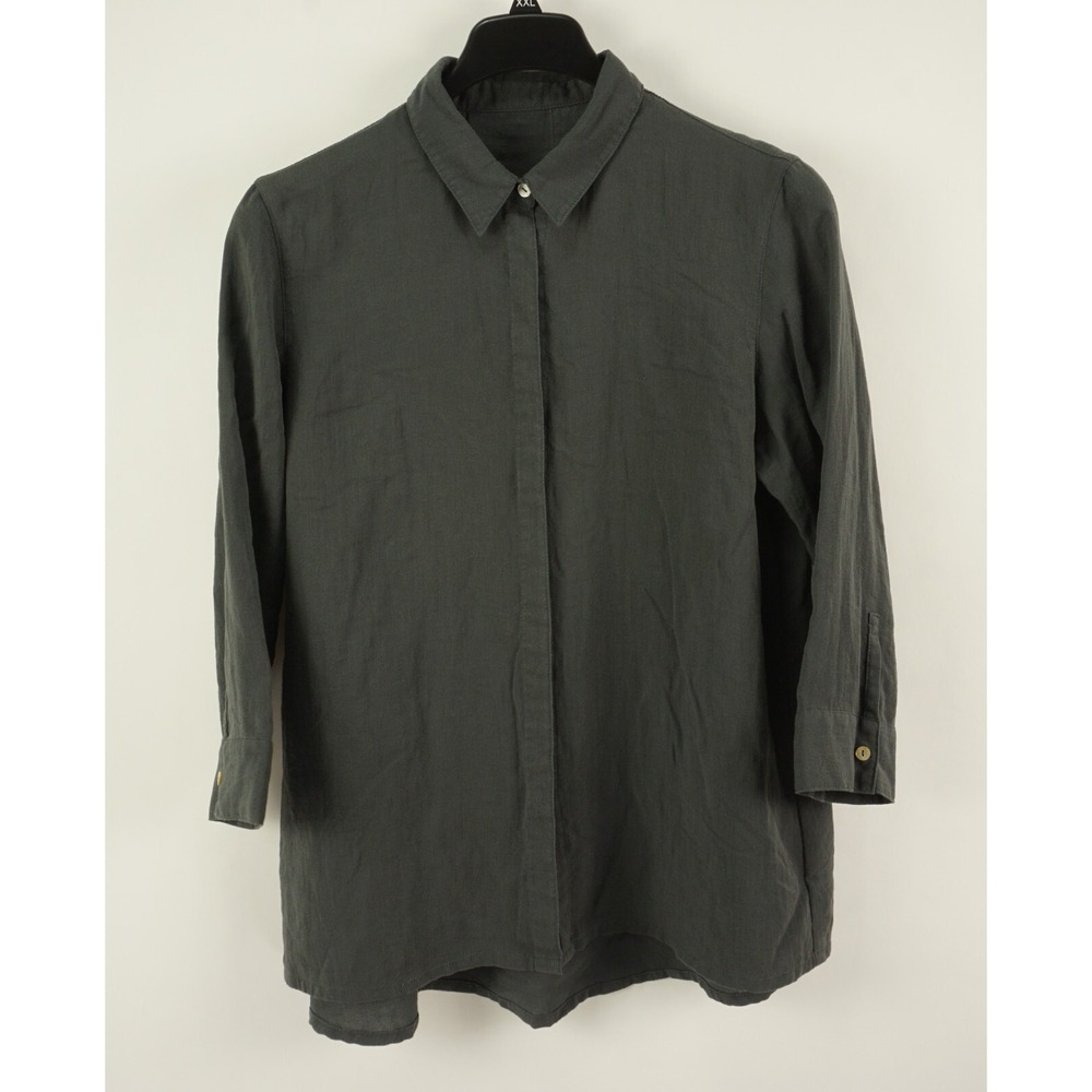 Fridaze 100% Linen Charcoal Gray Hidden Placket Collared Tunic Blouse Women's XL